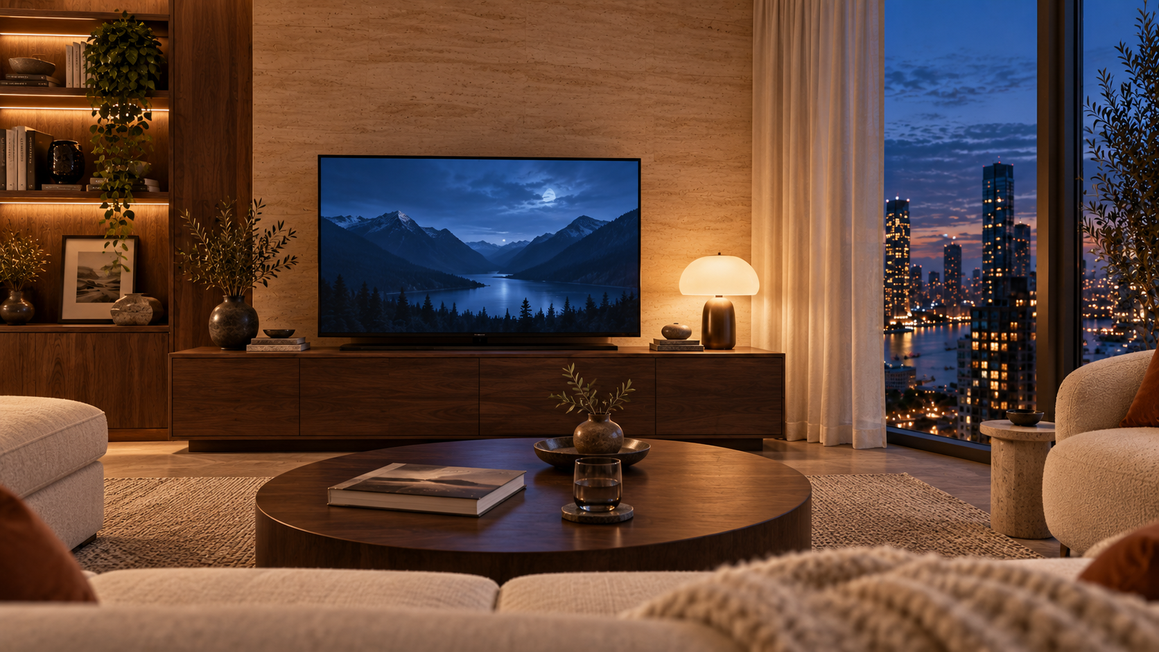 An inviting living room in the evening