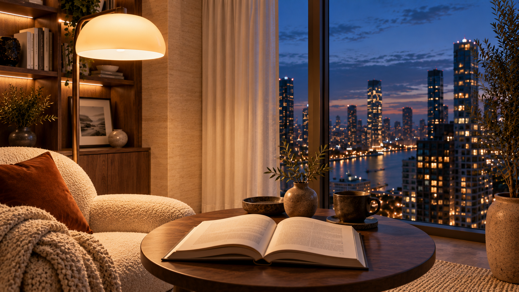 A quiet reading corner under a warm lamp
